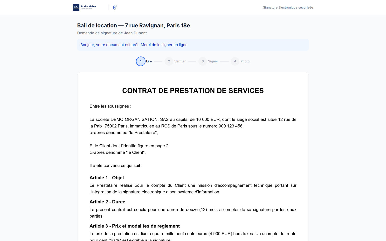 La page de signature aux couleurs du client
