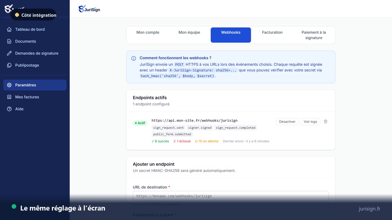 API JuriSign : recevoir les événements de signature par webhook
